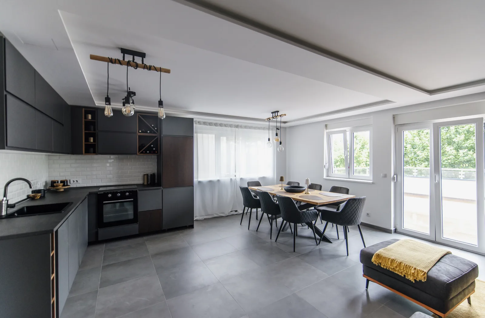 Modern kitchen and dining area finished after a post-build clean